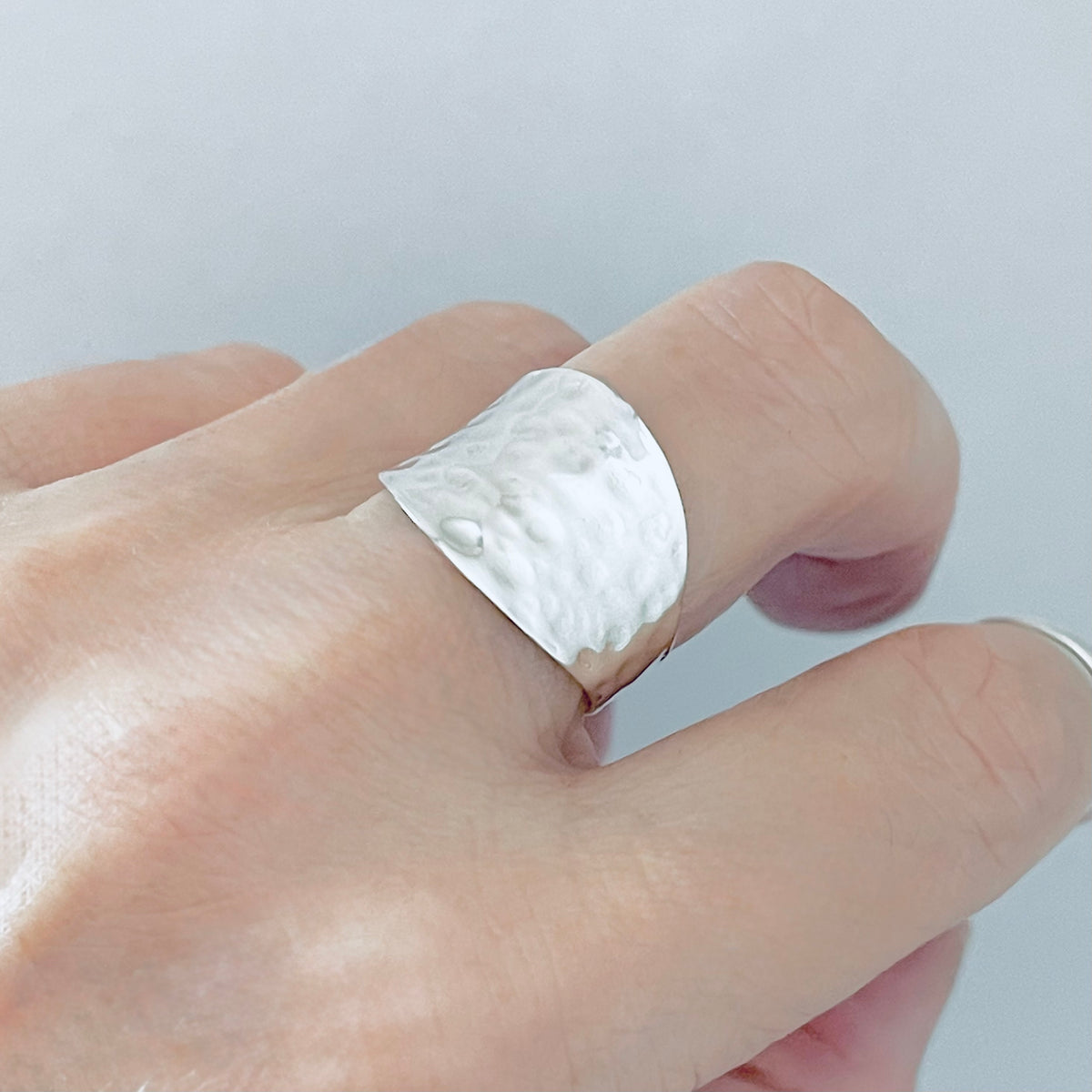925 Sterling Silver Thin Hammered Concave Ring | Statement Boho Wide Silver Rings