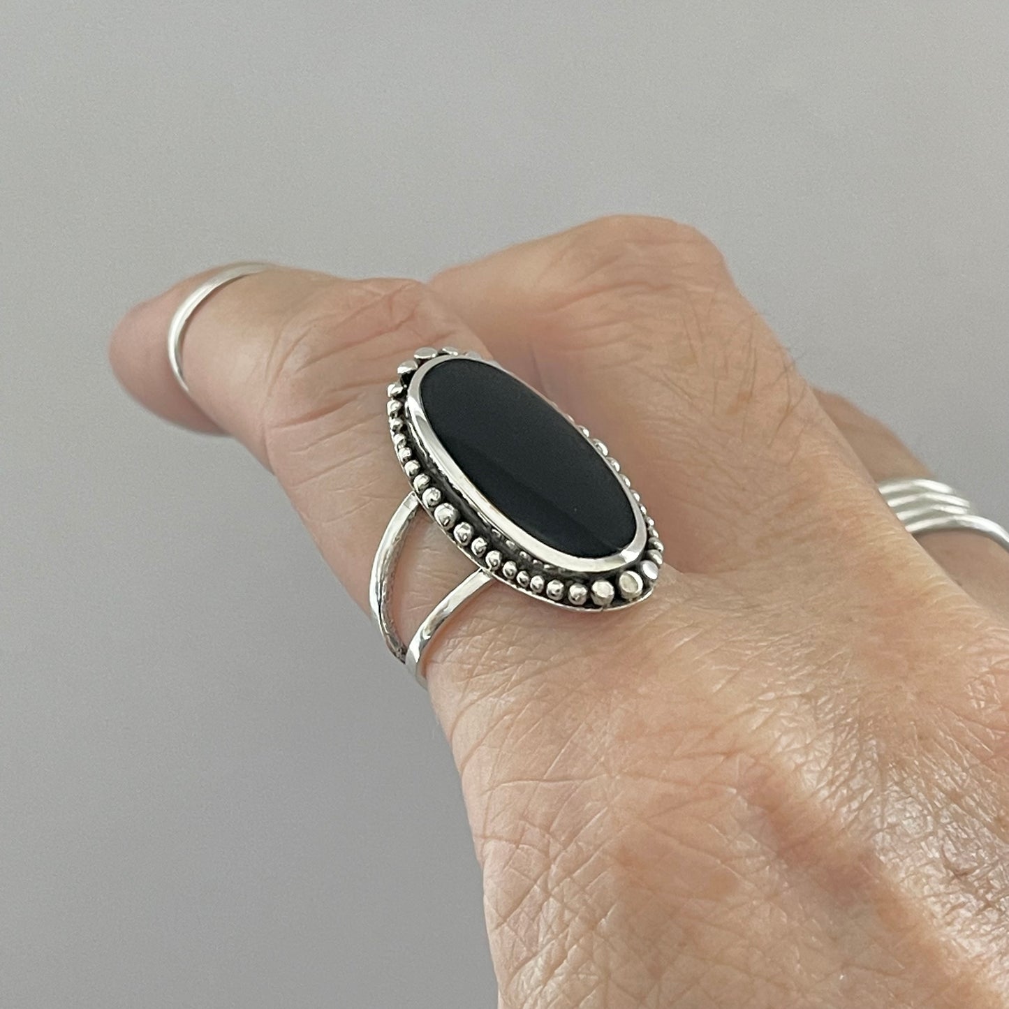 Sterling Silver Beads and Large Oval Black Onyx Ring, Statement Stone Silver Rings