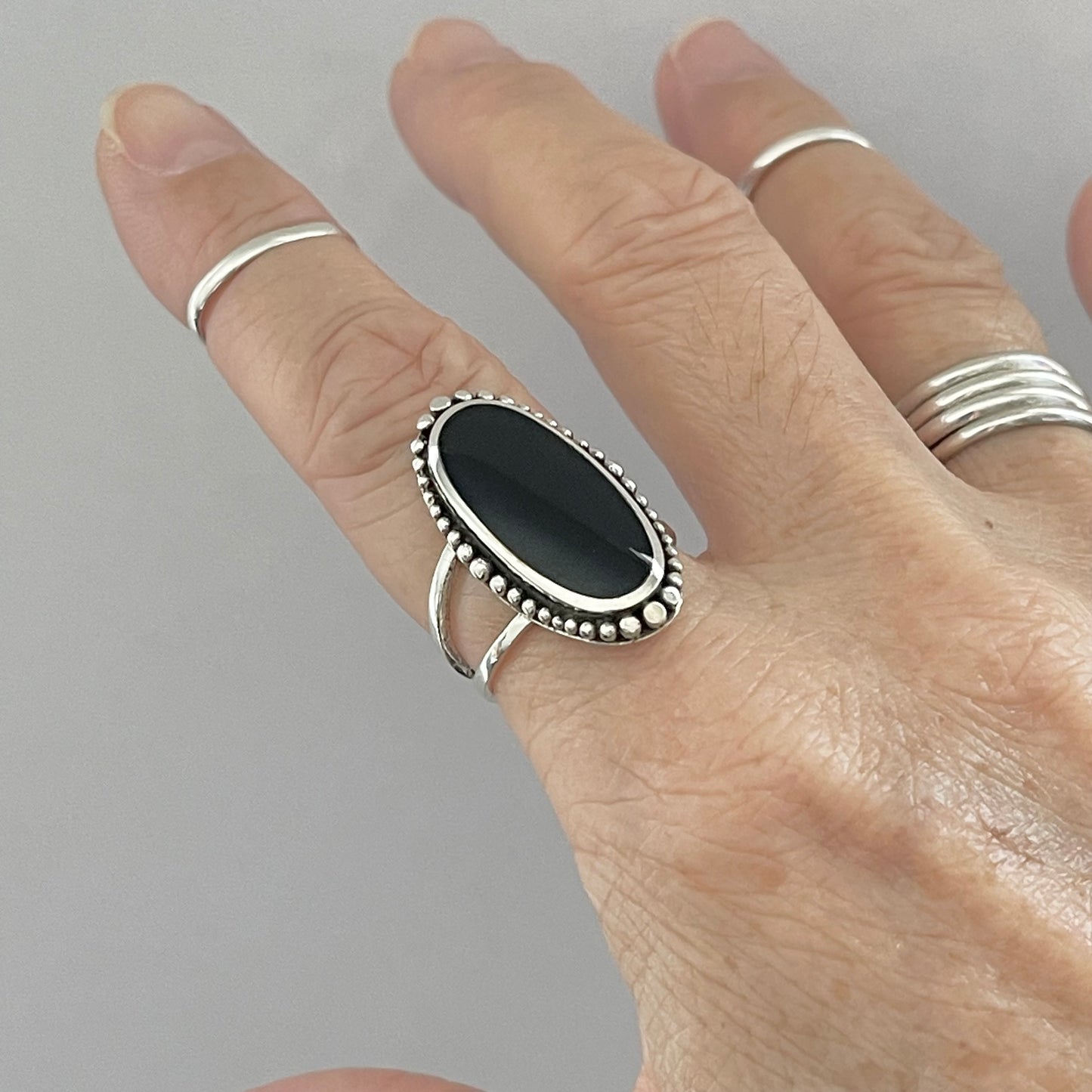 Sterling Silver Beads and Large Oval Black Onyx Ring, Statement Stone Silver Rings