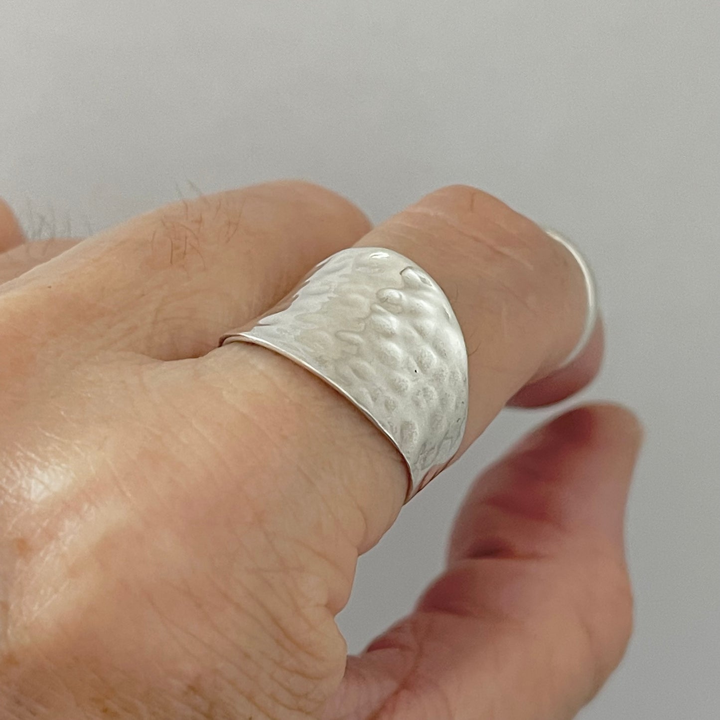 Sterling Silver Thin Hammered Concave Ring, Boho Statement Silver Ring