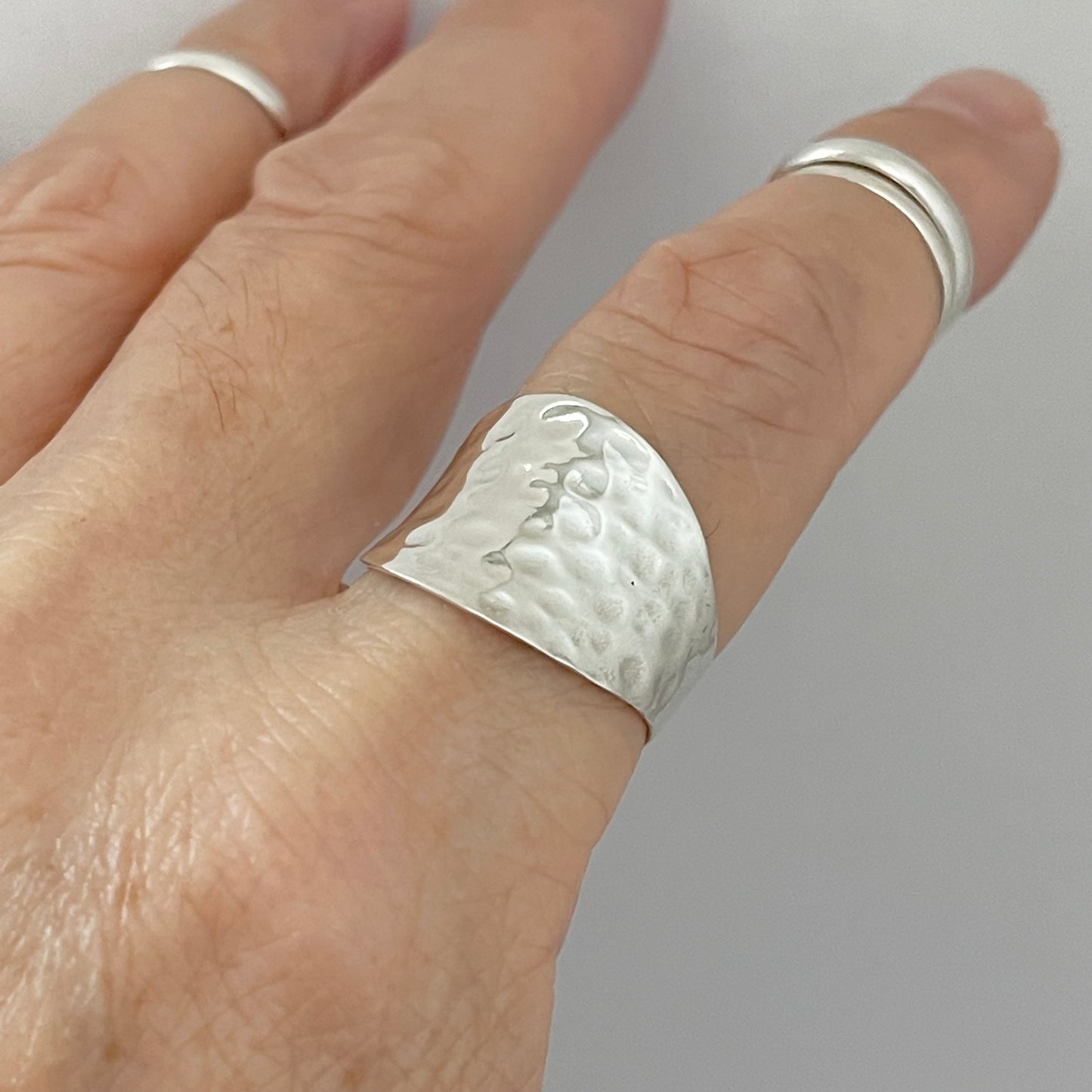 Sterling Silver Thin Hammered Concave Ring, Boho Statement Silver Ring