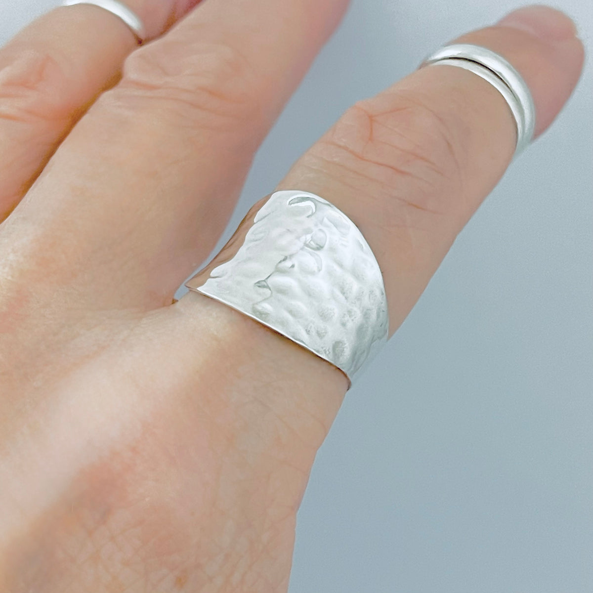 925 Sterling Silver Thin Hammered Concave Ring | Statement Boho Wide Silver Rings