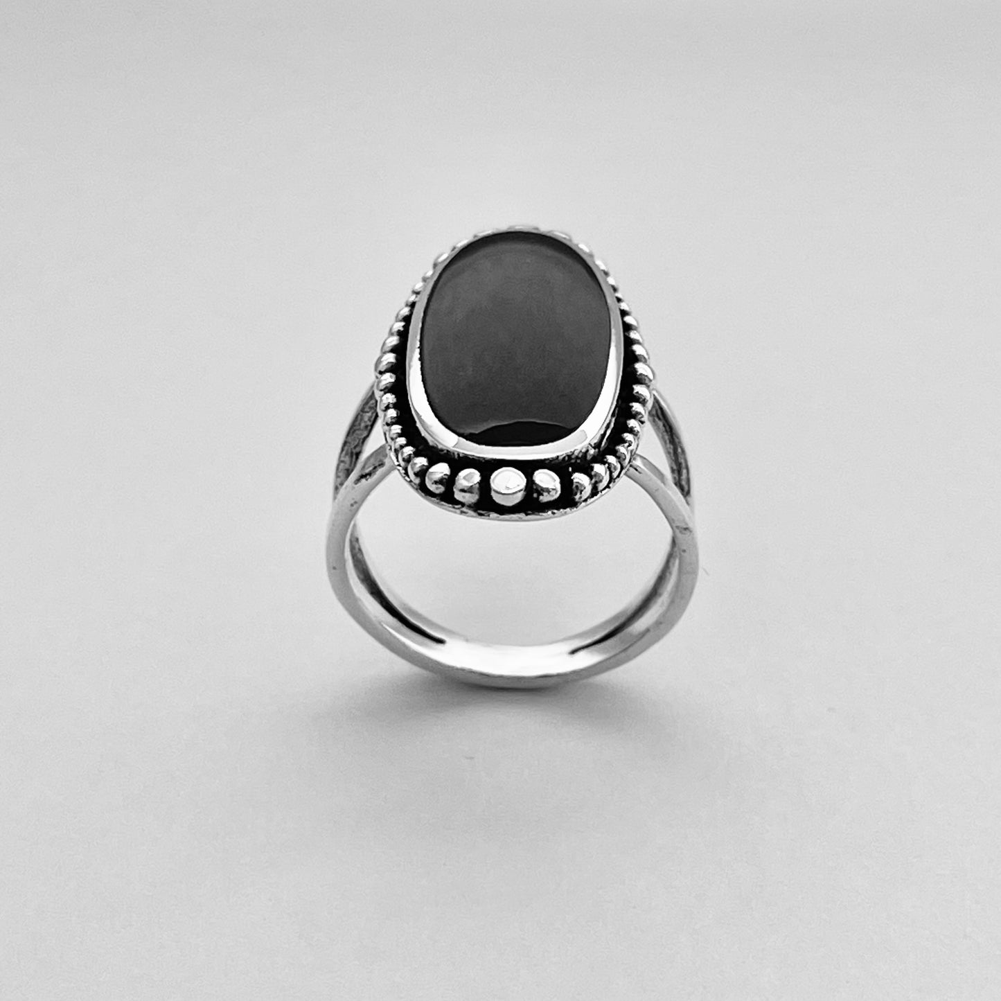 Sterling Silver Beads and Large Oval Black Onyx Ring, Statement Stone Silver Rings