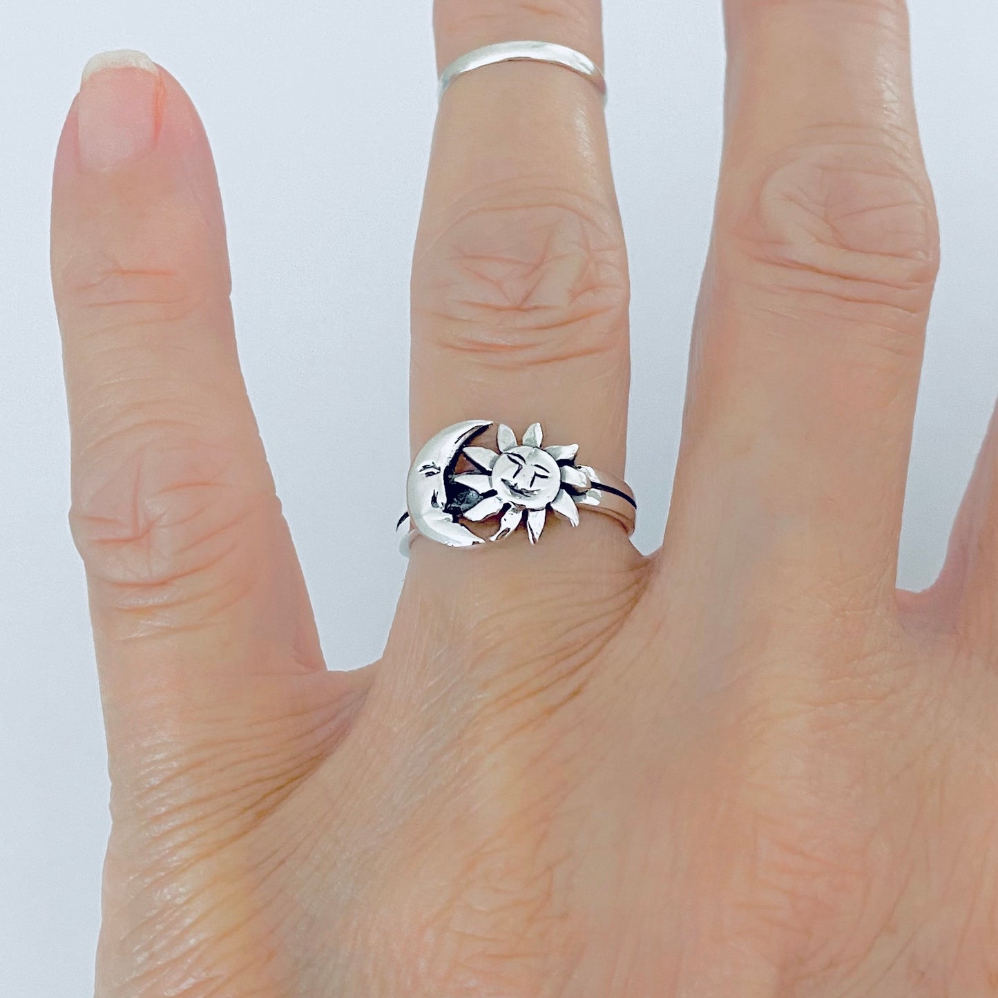 925 Sterling Silver Crescent Moon and Sun Face Ring | Celestial Sunshine Silver Rings