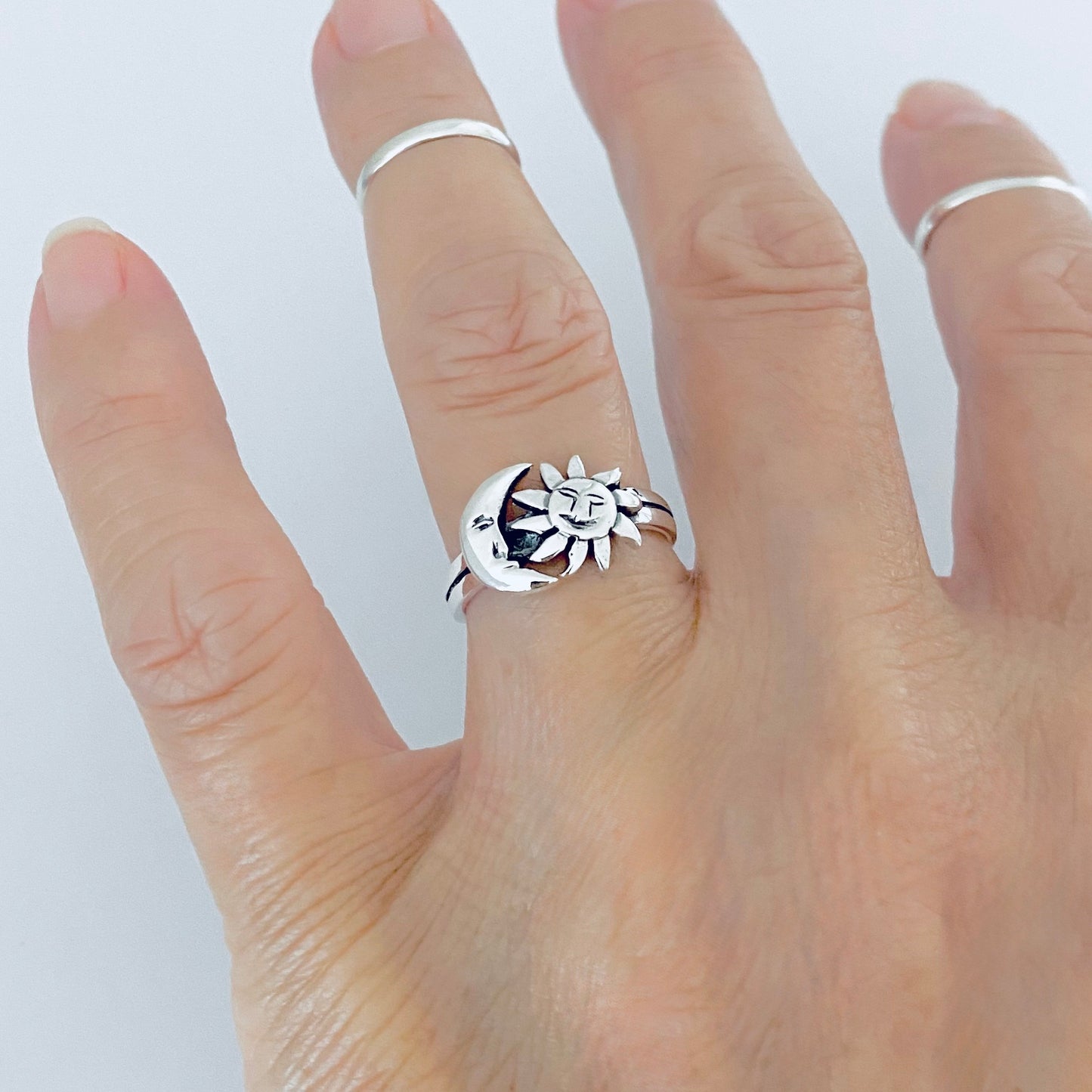925 Sterling Silver Crescent Moon and Sun Face Ring | Celestial Sunshine Silver Rings