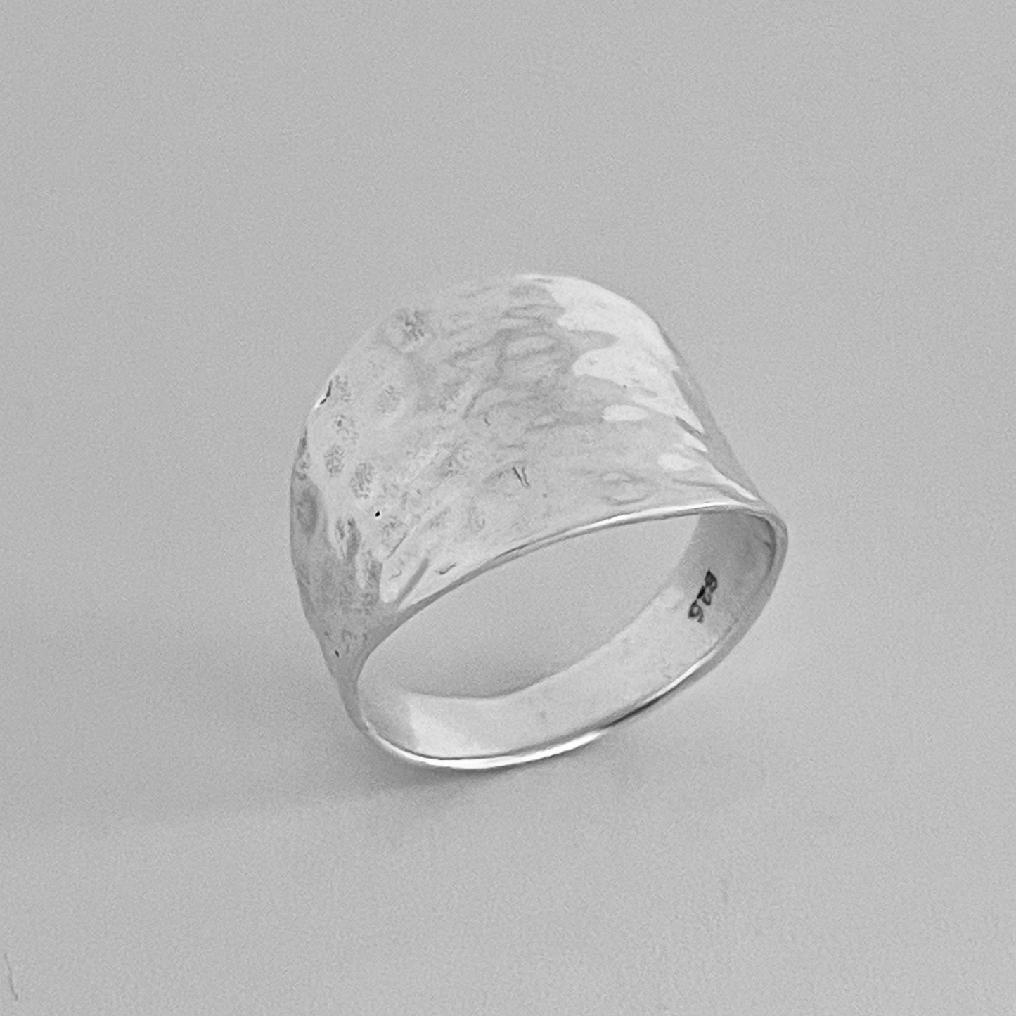 Sterling Silver Thin Hammered Concave Ring, Boho Statement Silver Ring