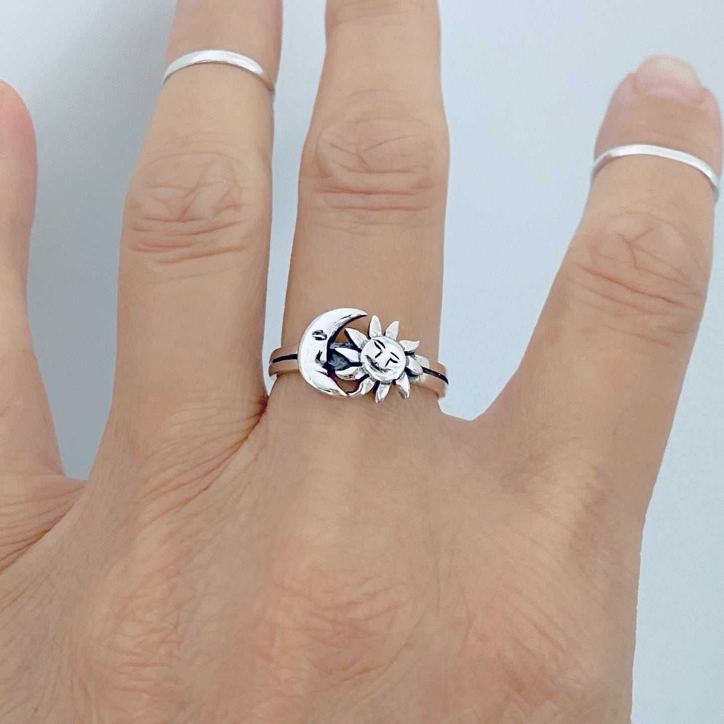 925 Sterling Silver Crescent Moon and Sun Face Ring | Celestial Sunshine Silver Rings