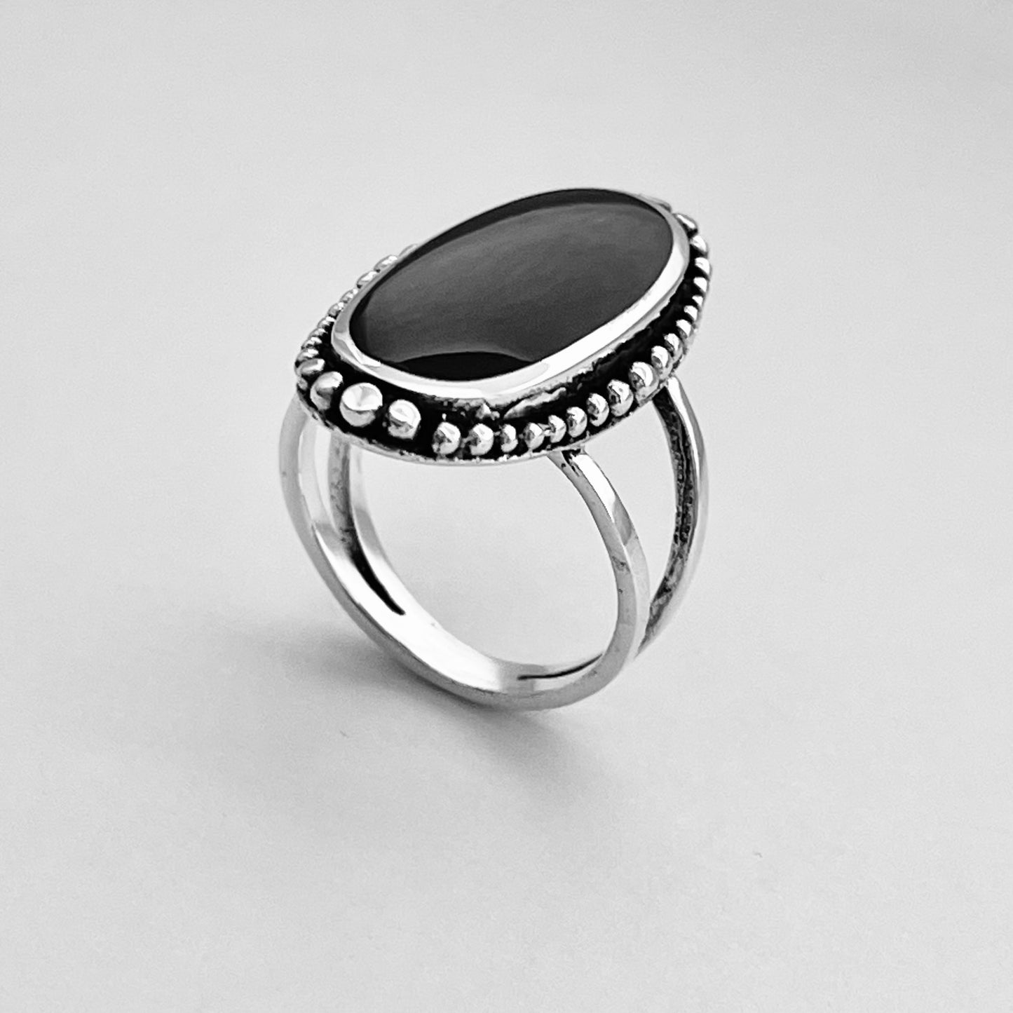 Sterling Silver Beads and Large Oval Black Onyx Ring, Statement Stone Silver Rings