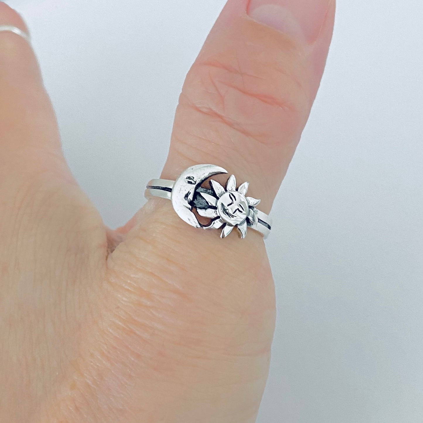 925 Sterling Silver Crescent Moon and Sun Face Ring | Celestial Sunshine Silver Rings