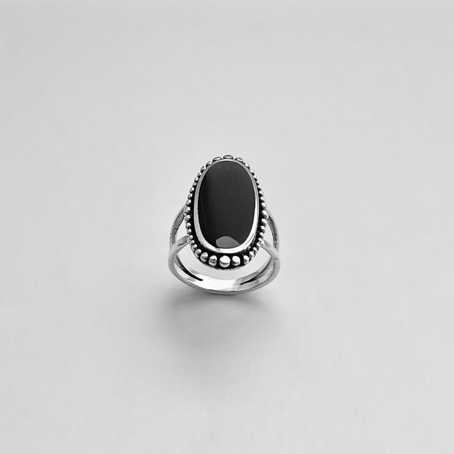 Sterling Silver Beads and Large Oval Black Onyx Ring, Statement Stone Silver Rings