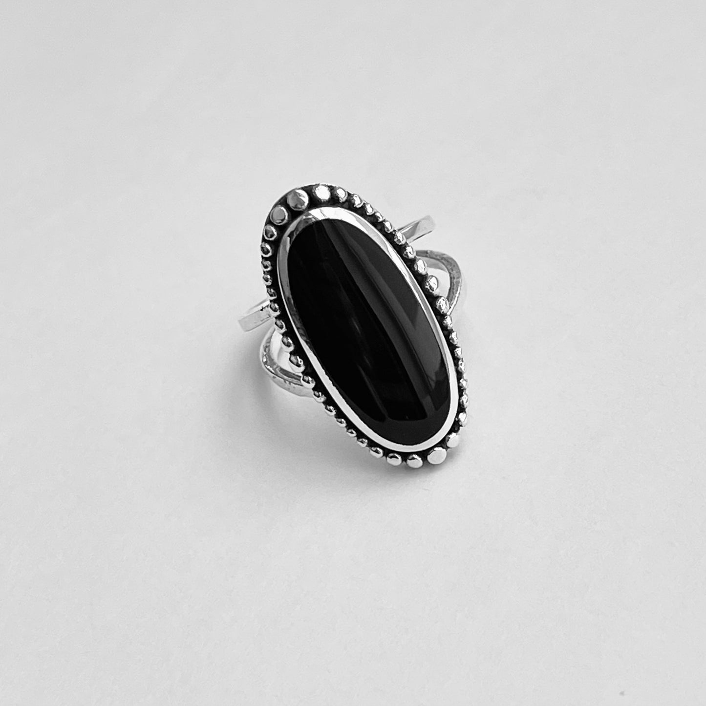 Sterling Silver Beads and Large Oval Black Onyx Ring, Statement Stone Silver Rings