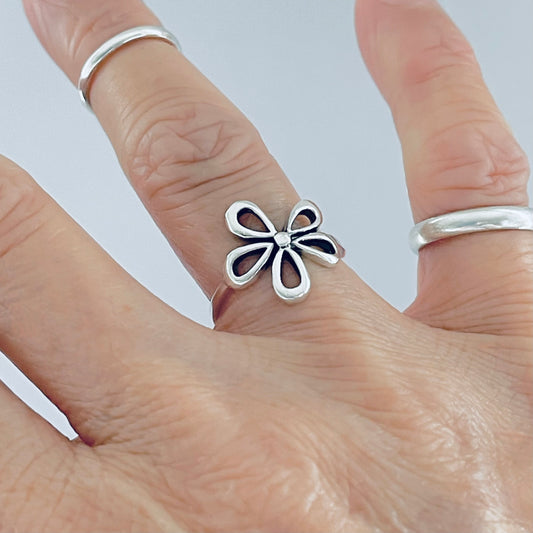 Sterling Silver Large Daisy Flower Ring – Floral Statement Boho Silver Rings