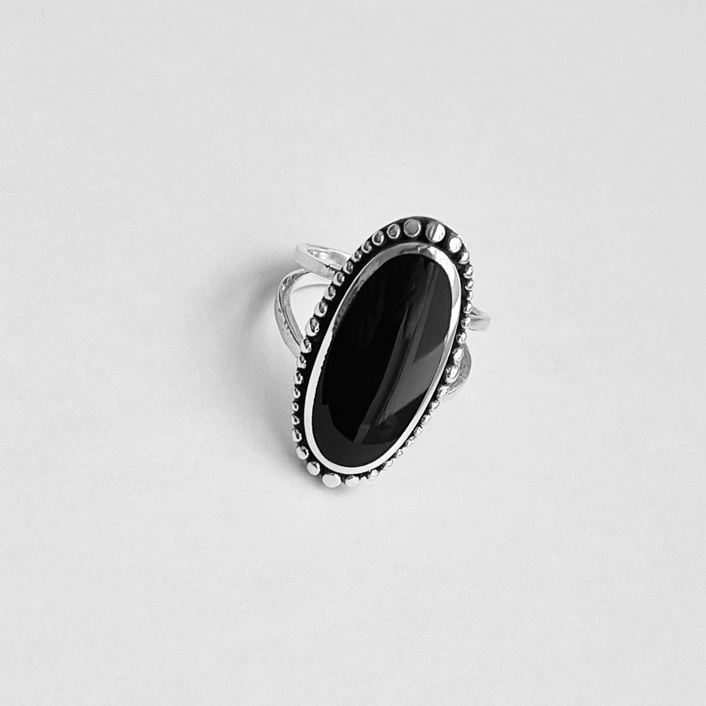 Sterling Silver Beads and Large Oval Black Onyx Ring, Statement Stone Silver Rings