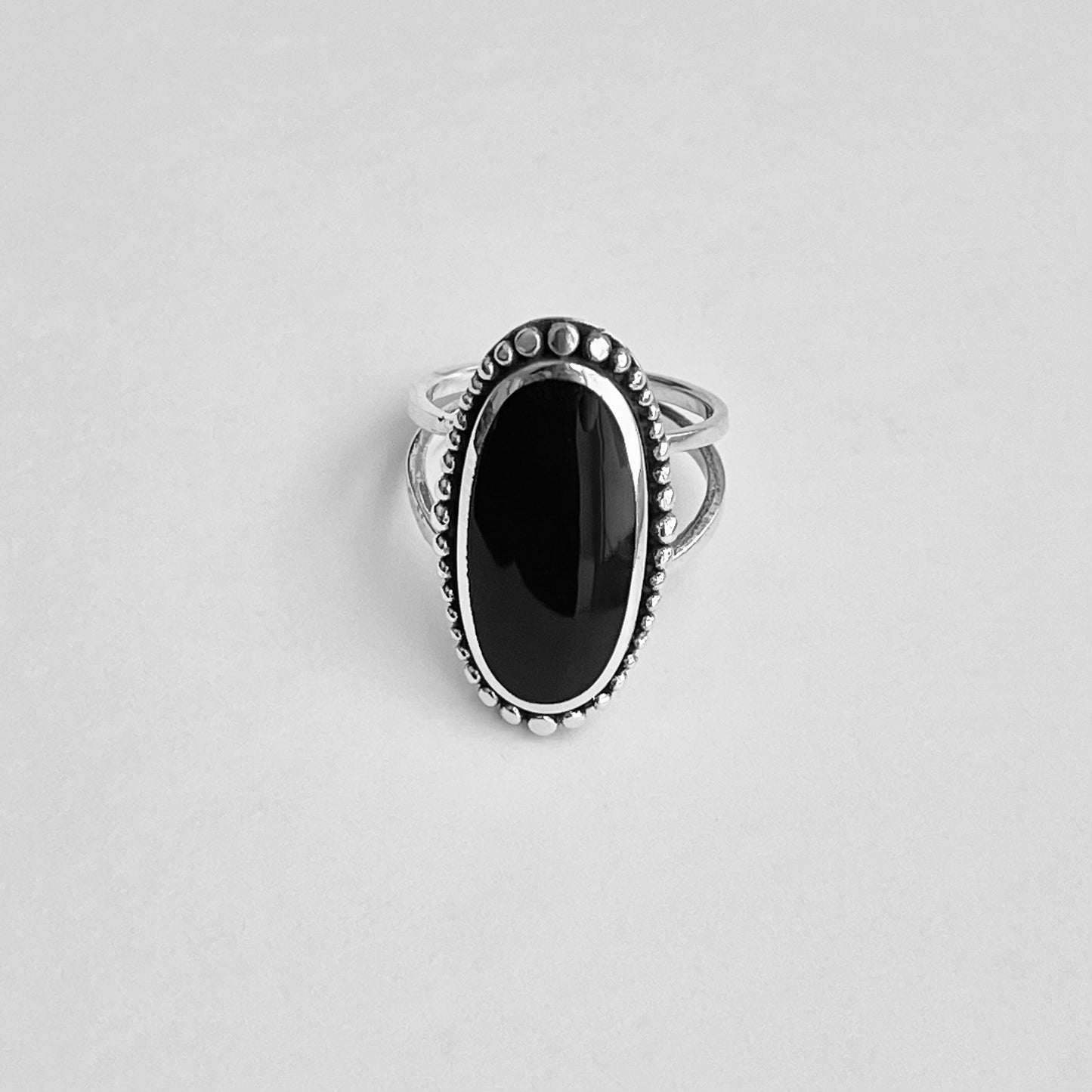 Sterling Silver Beads and Large Oval Black Onyx Ring, Statement Stone Silver Rings