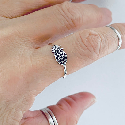 925 Sterling Silver Dainty Sideways Pineapple Ring | Delicate Tropical Fruit Tree Rings