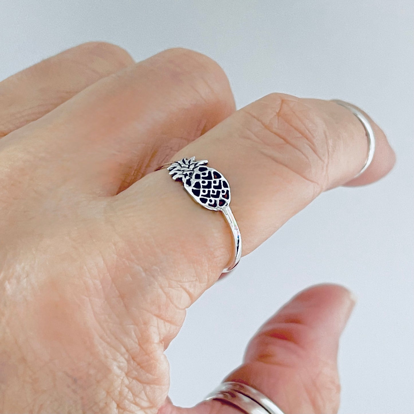 925 Sterling Silver Dainty Sideways Pineapple Ring | Delicate Tropical Fruit Tree Rings