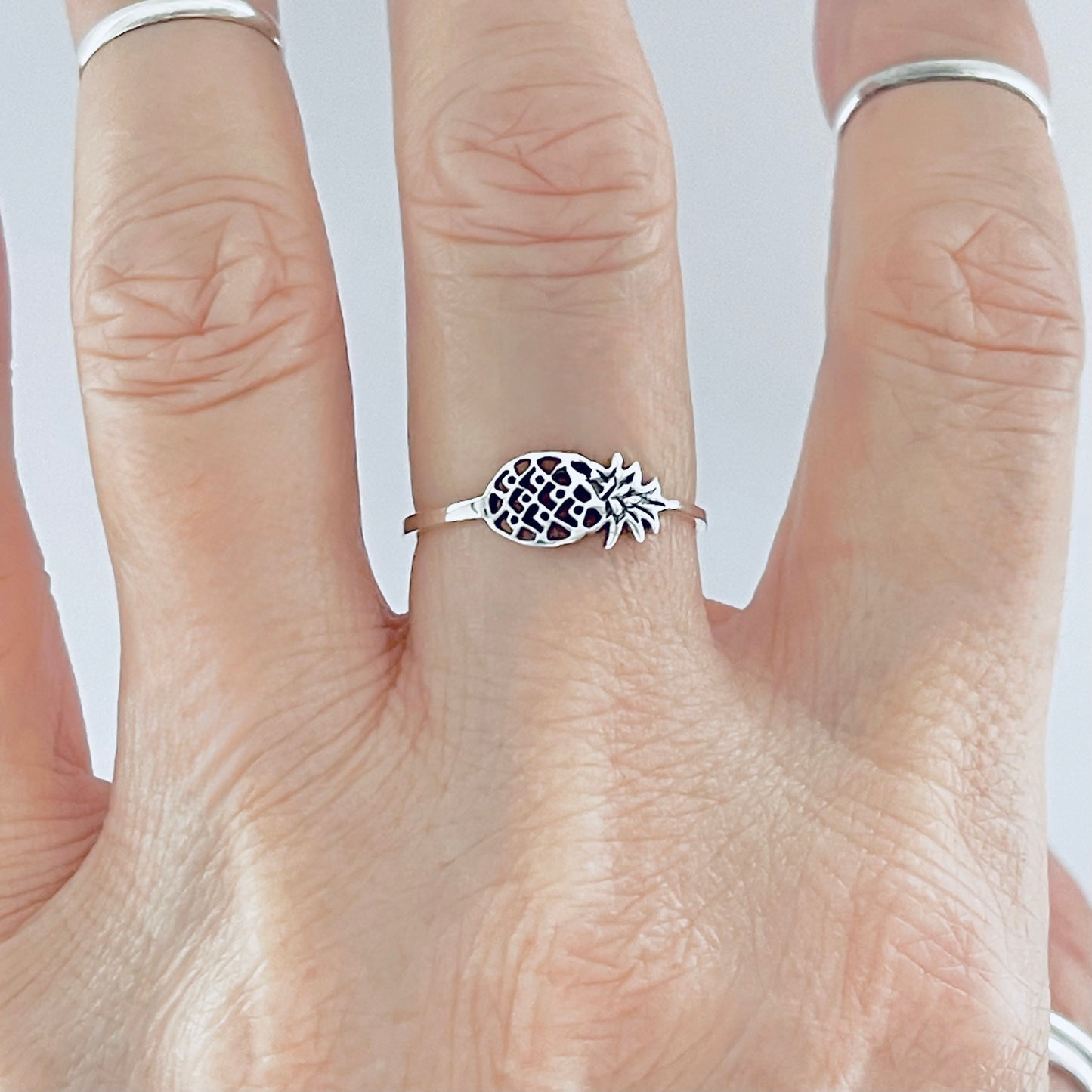 925 Sterling Silver Dainty Sideways Pineapple Ring | Delicate Tropical Fruit Tree Rings