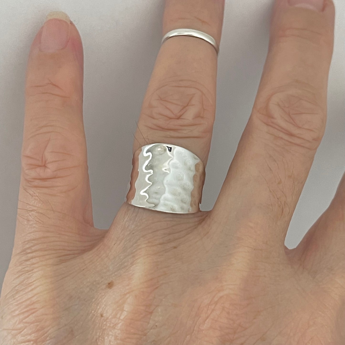 Sterling Silver Thin Hammered Concave Ring, Boho Statement Silver Ring