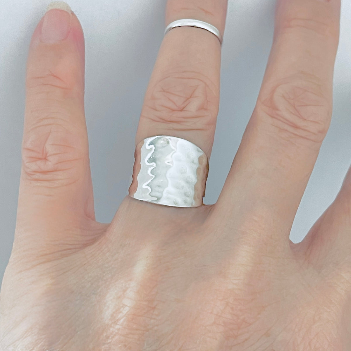 925 Sterling Silver Thin Hammered Concave Ring | Statement Boho Wide Silver Rings