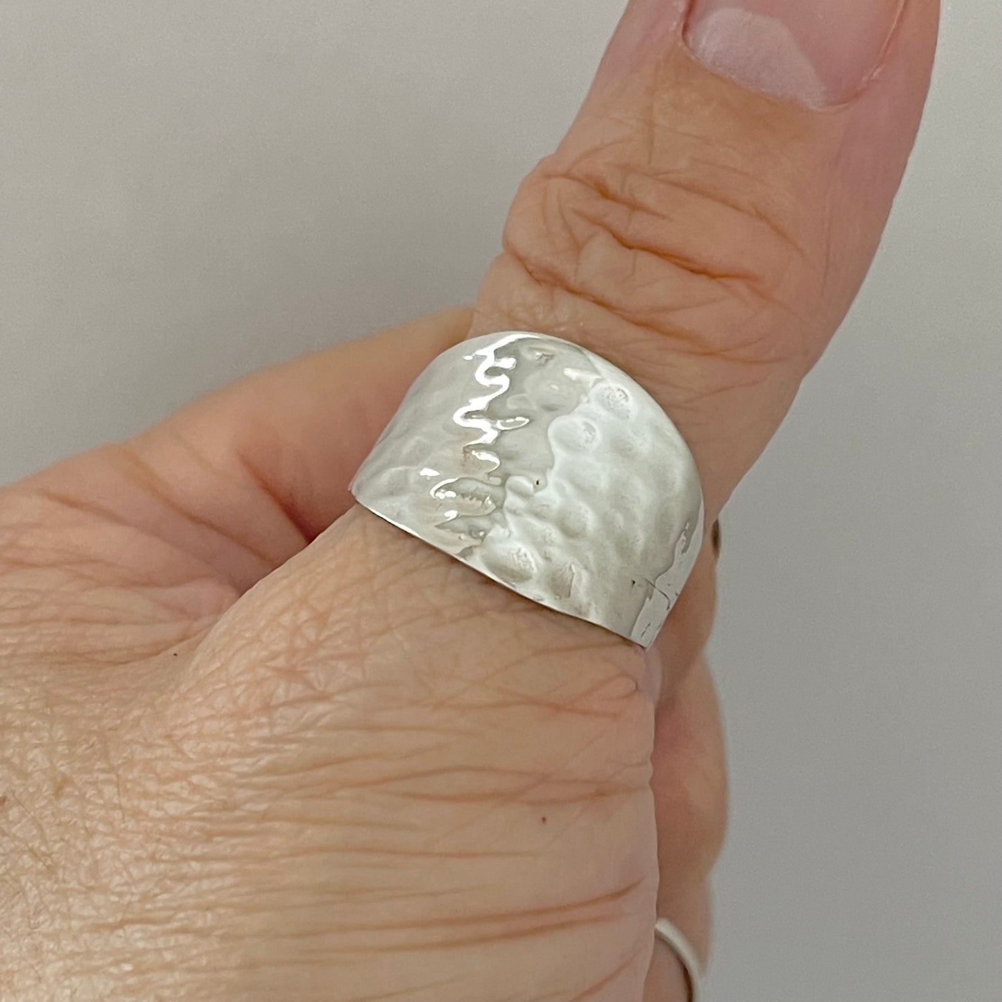 Sterling Silver Thin Hammered Concave Ring, Boho Statement Silver Ring