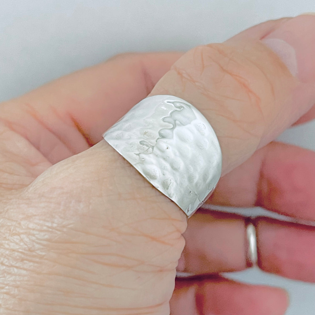 925 Sterling Silver Thin Hammered Concave Ring | Statement Boho Wide Silver Rings