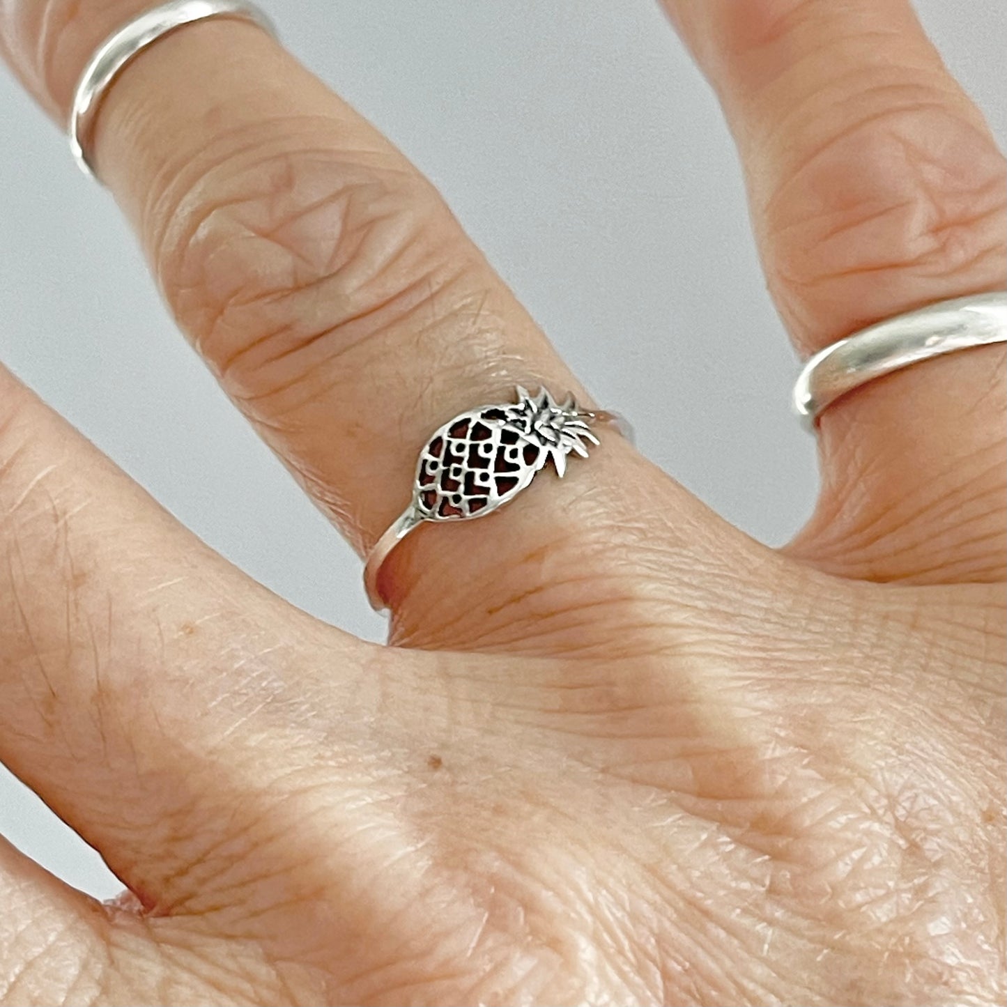 Sterling Silver Dainty Sideway Pineapple Ring, Delicate Silver Rings, Fruit Ring,Tree Ring