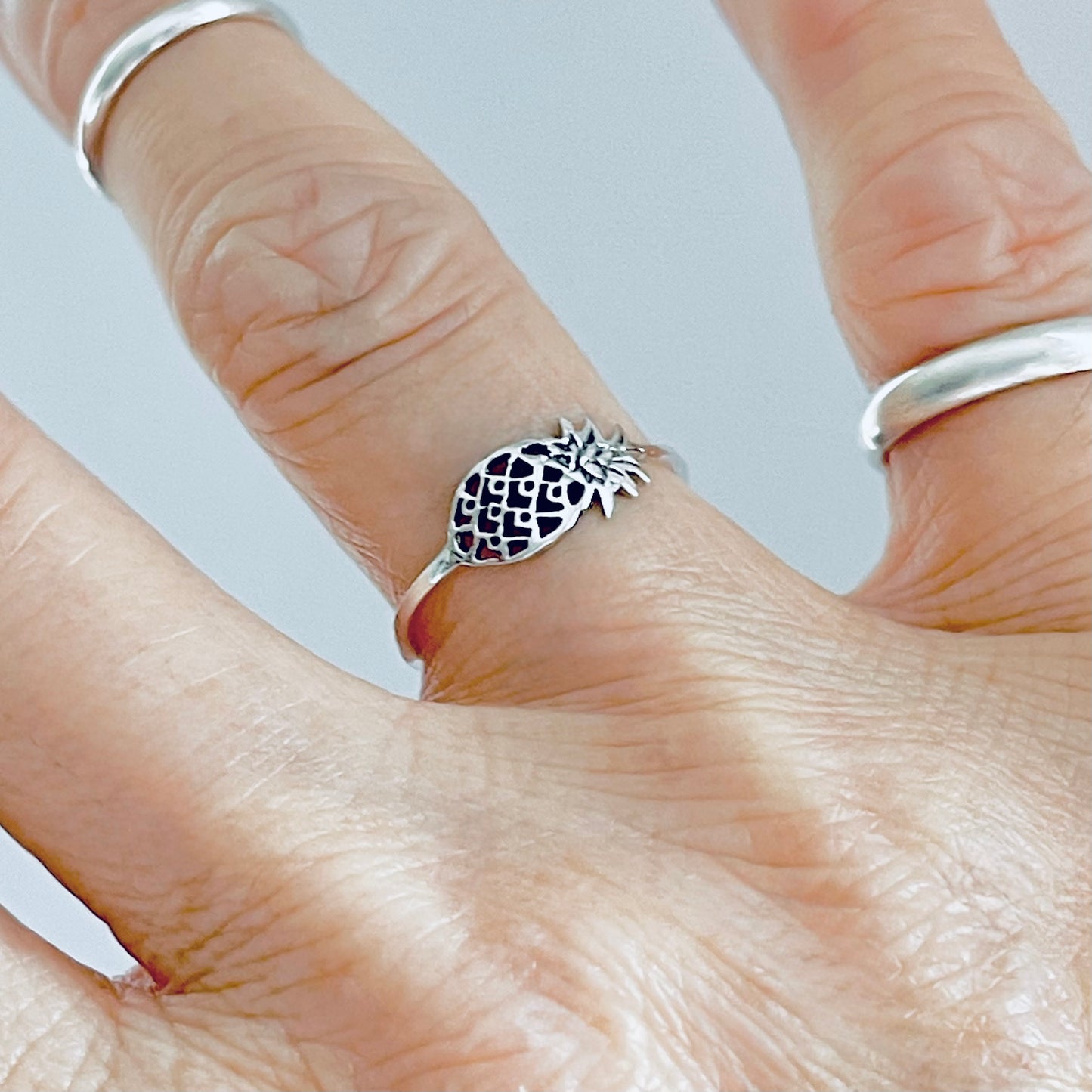 925 Sterling Silver Dainty Sideways Pineapple Ring | Delicate Tropical Fruit Tree Rings
