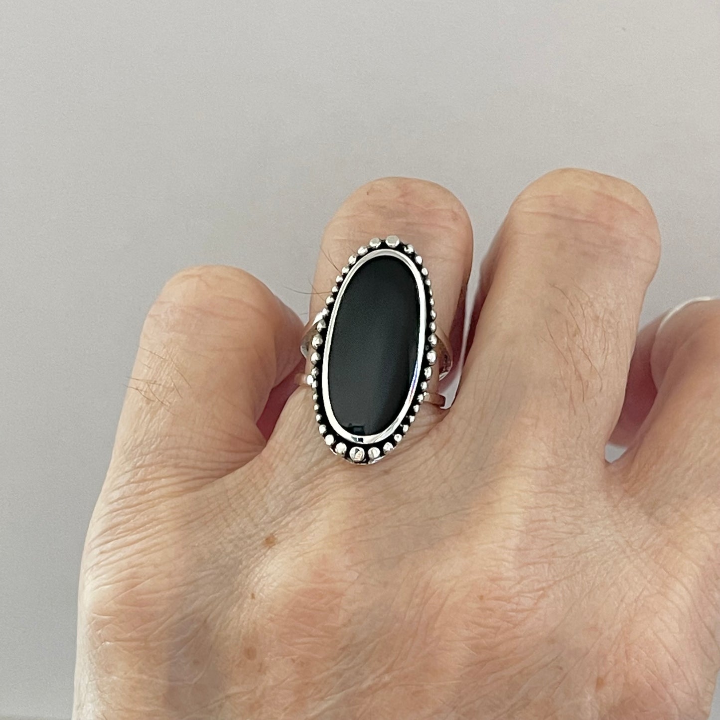 Sterling Silver Beads and Large Oval Black Onyx Ring, Statement Stone Silver Rings