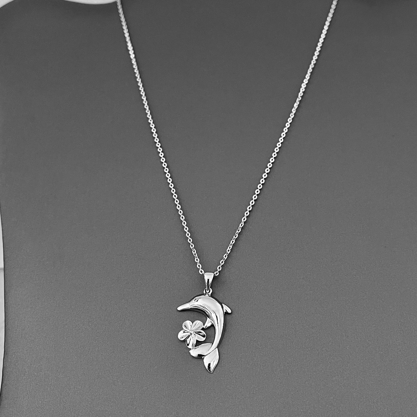 Sterling Silver Plumeria and Dolphin Necklace, Hawaii Flowers, Ocean Fish Jewelry