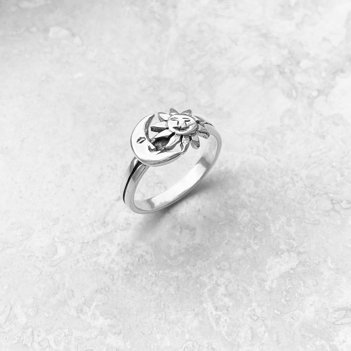 925 Sterling Silver Crescent Moon and Sun Face Ring | Celestial Sunshine Silver Rings
