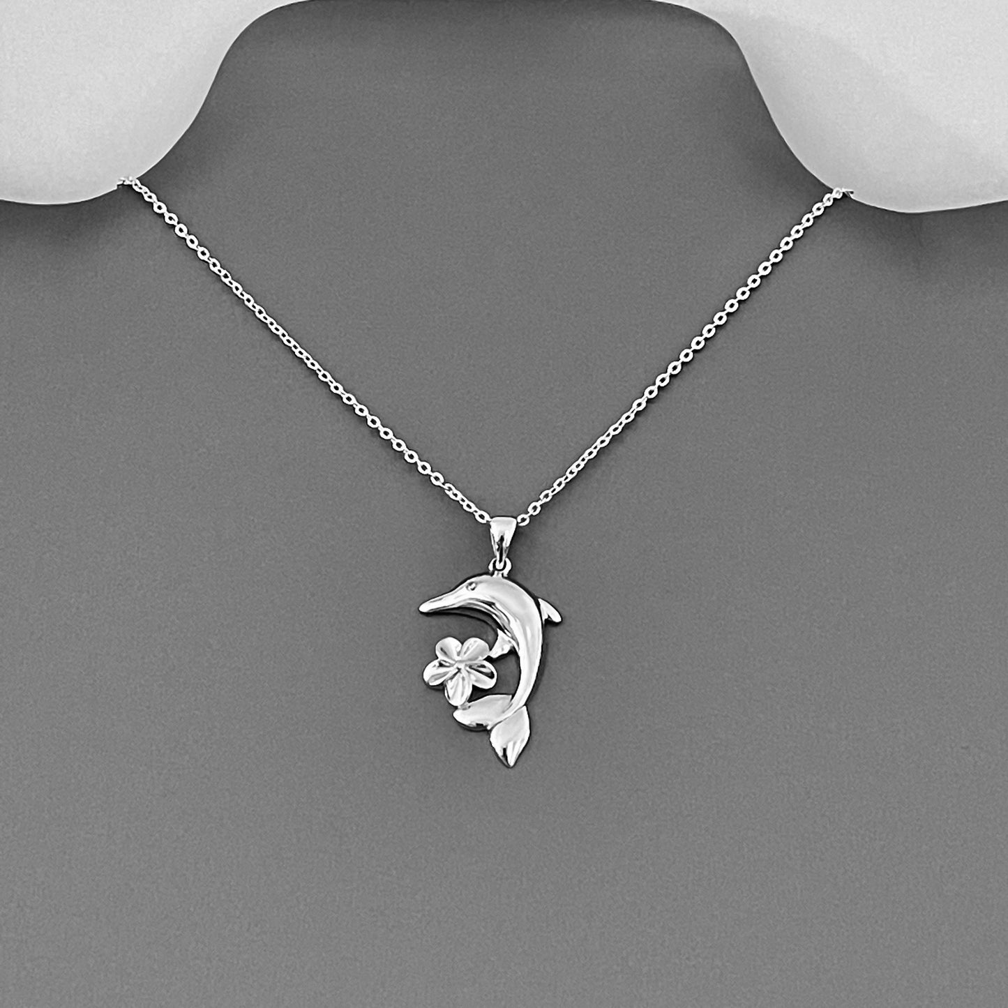Sterling Silver Plumeria and Dolphin Necklace, Hawaii Flowers, Ocean Fish Jewelry
