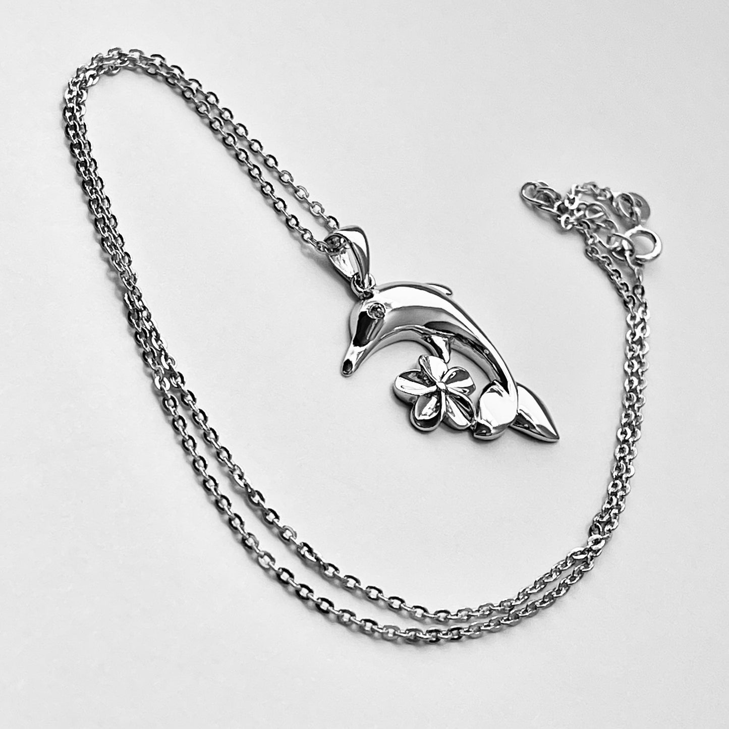 Sterling Silver Plumeria and Dolphin Necklace, Hawaii Flowers, Ocean Fish Jewelry