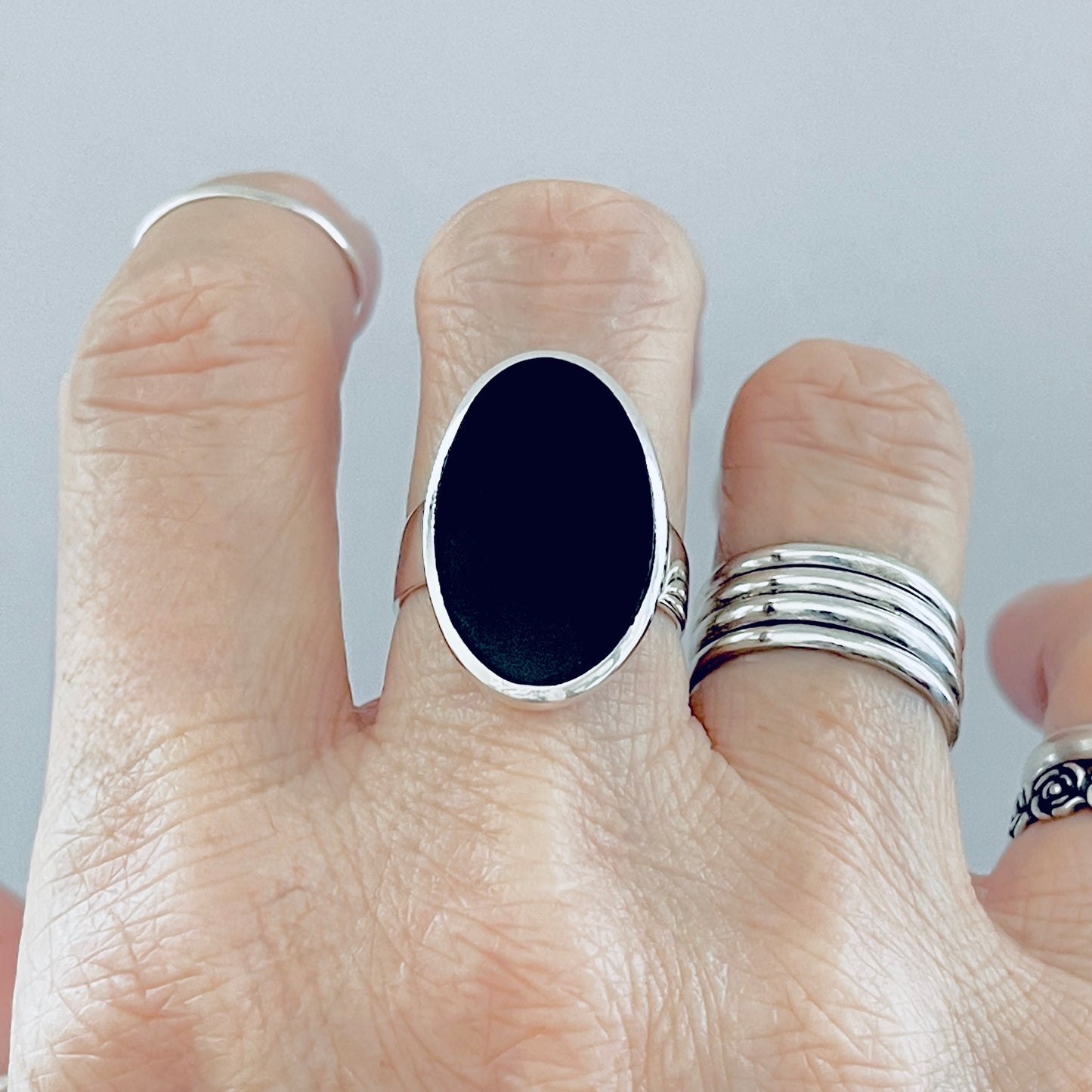 Sterling Silver Simple Large Oval Black Onyx Ring, Silver Rings, Statement Stone Jewelry