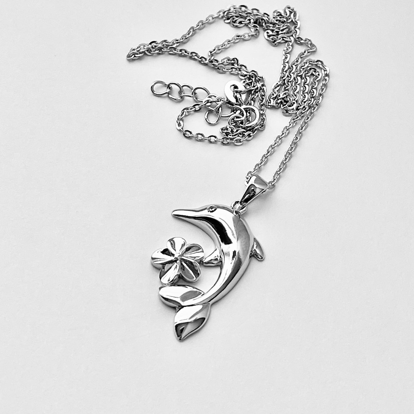 Sterling Silver Plumeria and Dolphin Necklace, Hawaii Flowers, Ocean Fish Jewelry