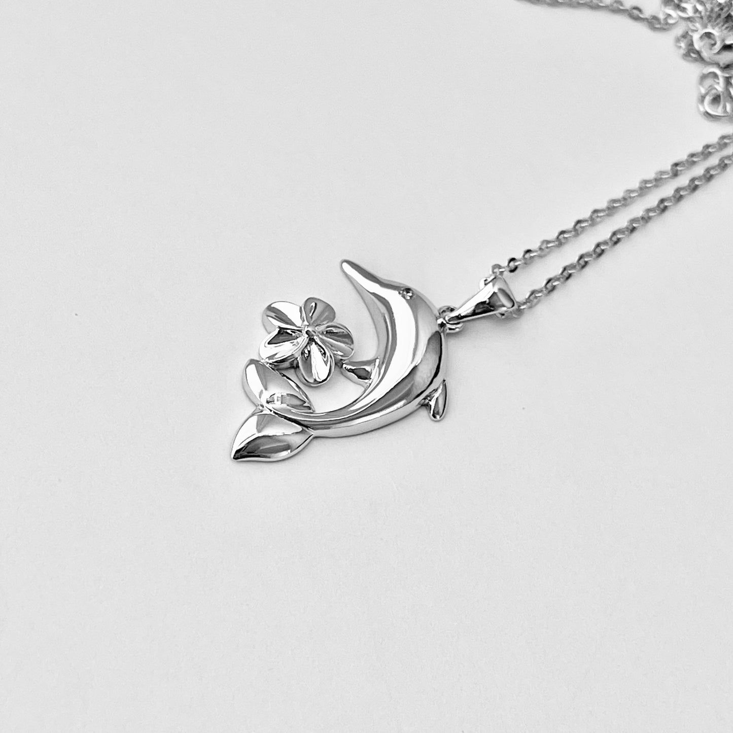 Sterling Silver Plumeria and Dolphin Necklace, Hawaii Flowers, Ocean Fish Jewelry