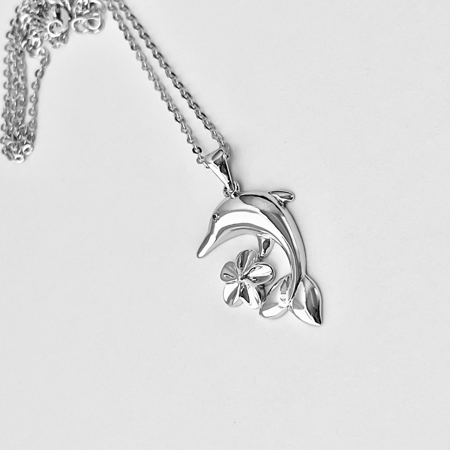 Sterling Silver Plumeria and Dolphin Necklace, Hawaii Flowers, Ocean Fish Jewelry