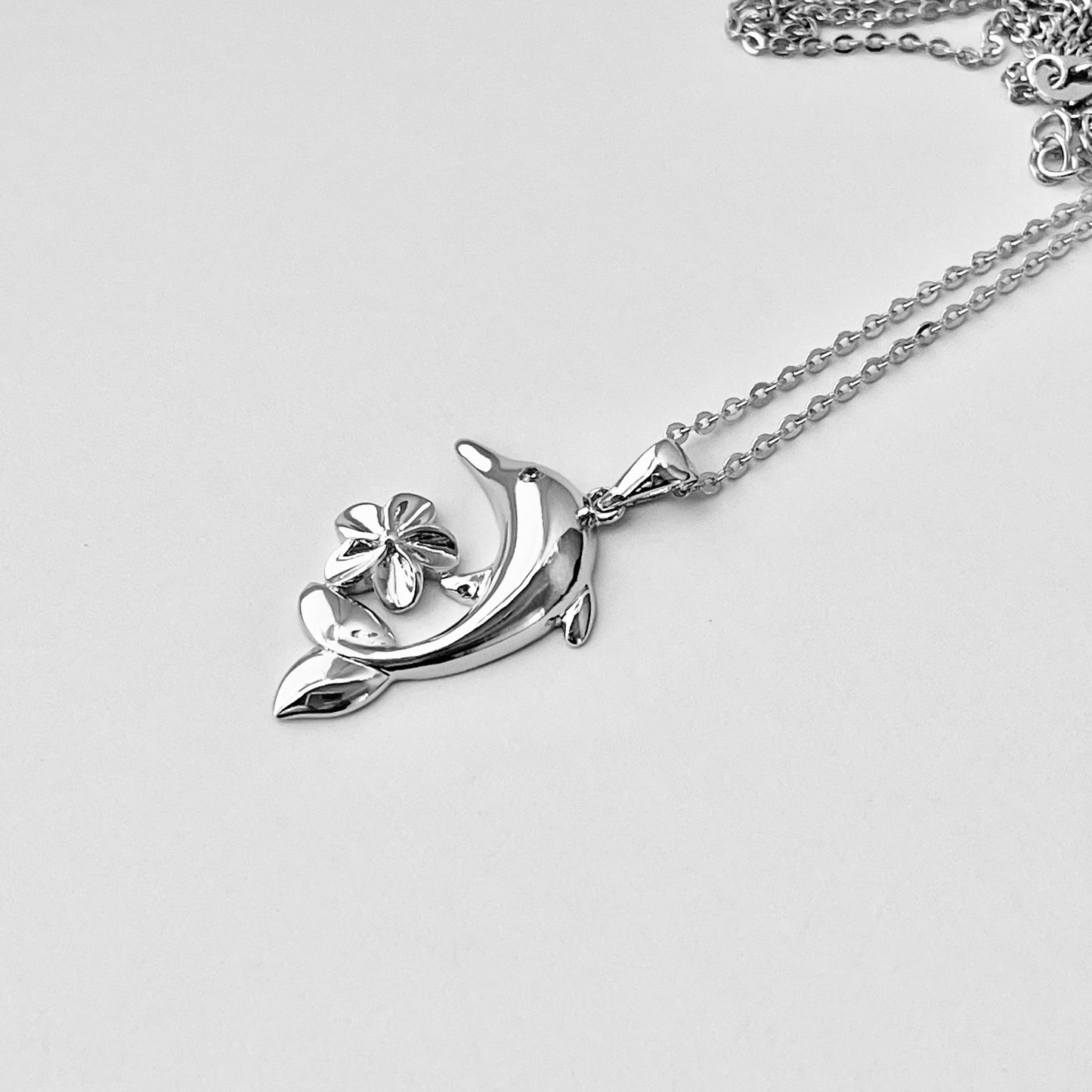 Sterling Silver Plumeria and Dolphin Necklace, Hawaii Flowers, Ocean Fish Jewelry