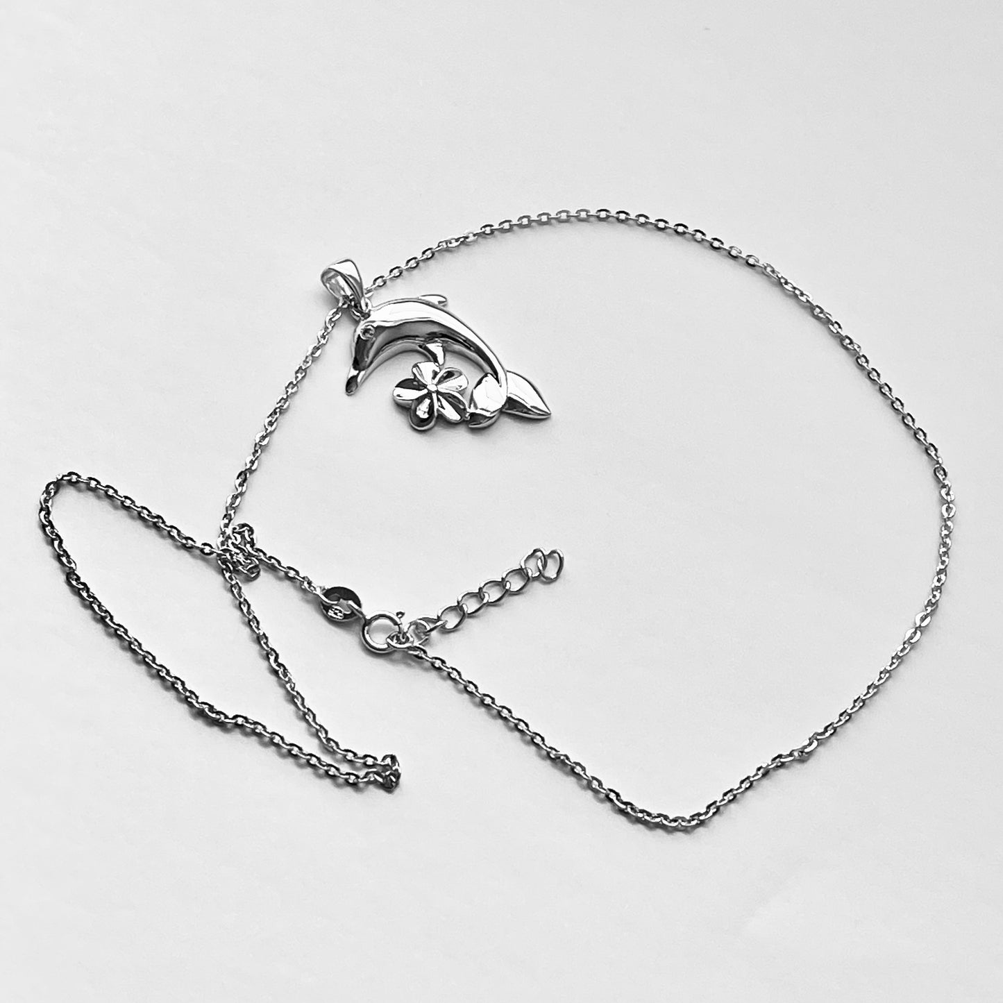 Sterling Silver Plumeria and Dolphin Necklace, Hawaii Flowers, Ocean Fish Jewelry