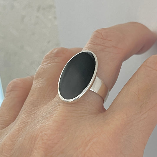 Sterling Silver Simple Large Oval Black Onyx Ring, Silver Stone Ring, Statement Ring