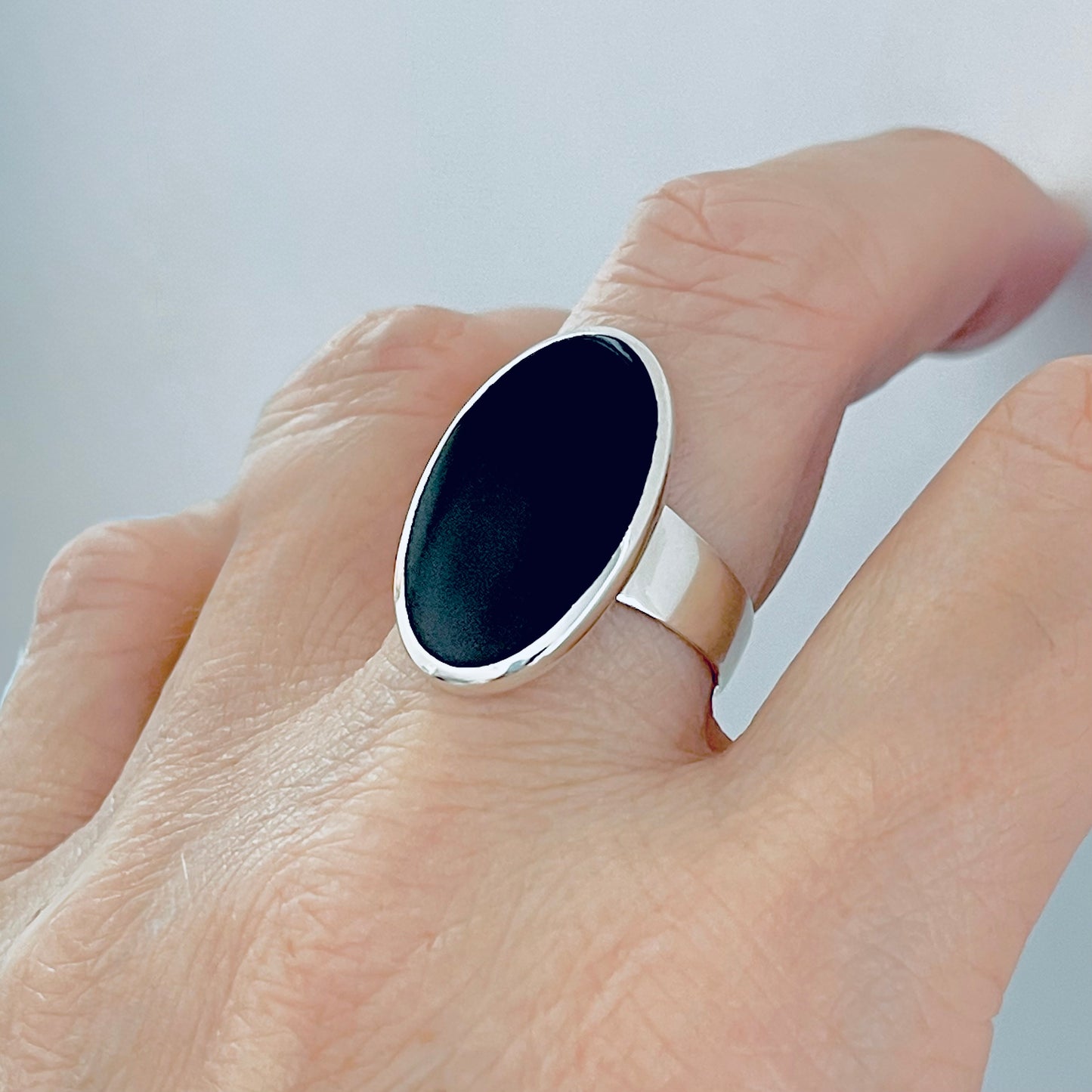Sterling Silver Simple Large Oval Black Onyx Ring, Silver Rings, Statement Stone Jewelry