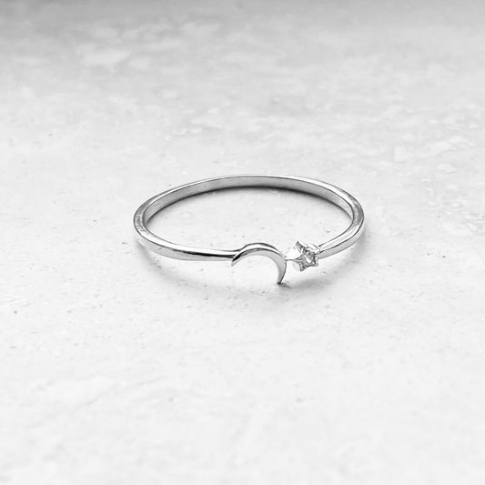 Sterling Silver Minimalist Tiny Moon and CZ Star Ring, Silver Crescent Moon Rings