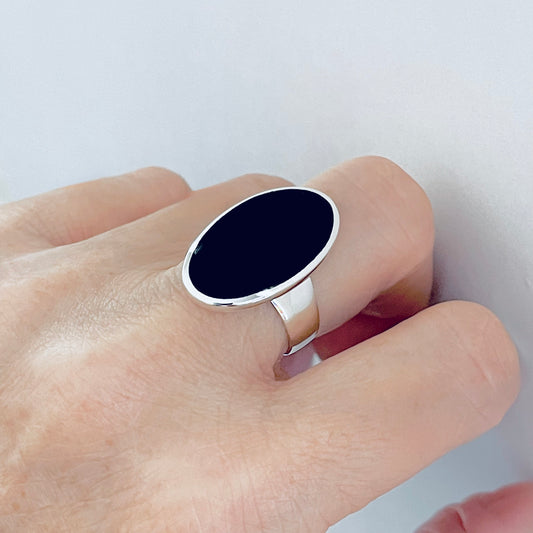 Sterling Silver Simple Large Oval Black Onyx Ring, Silver Rings, Statement Stone Jewelry