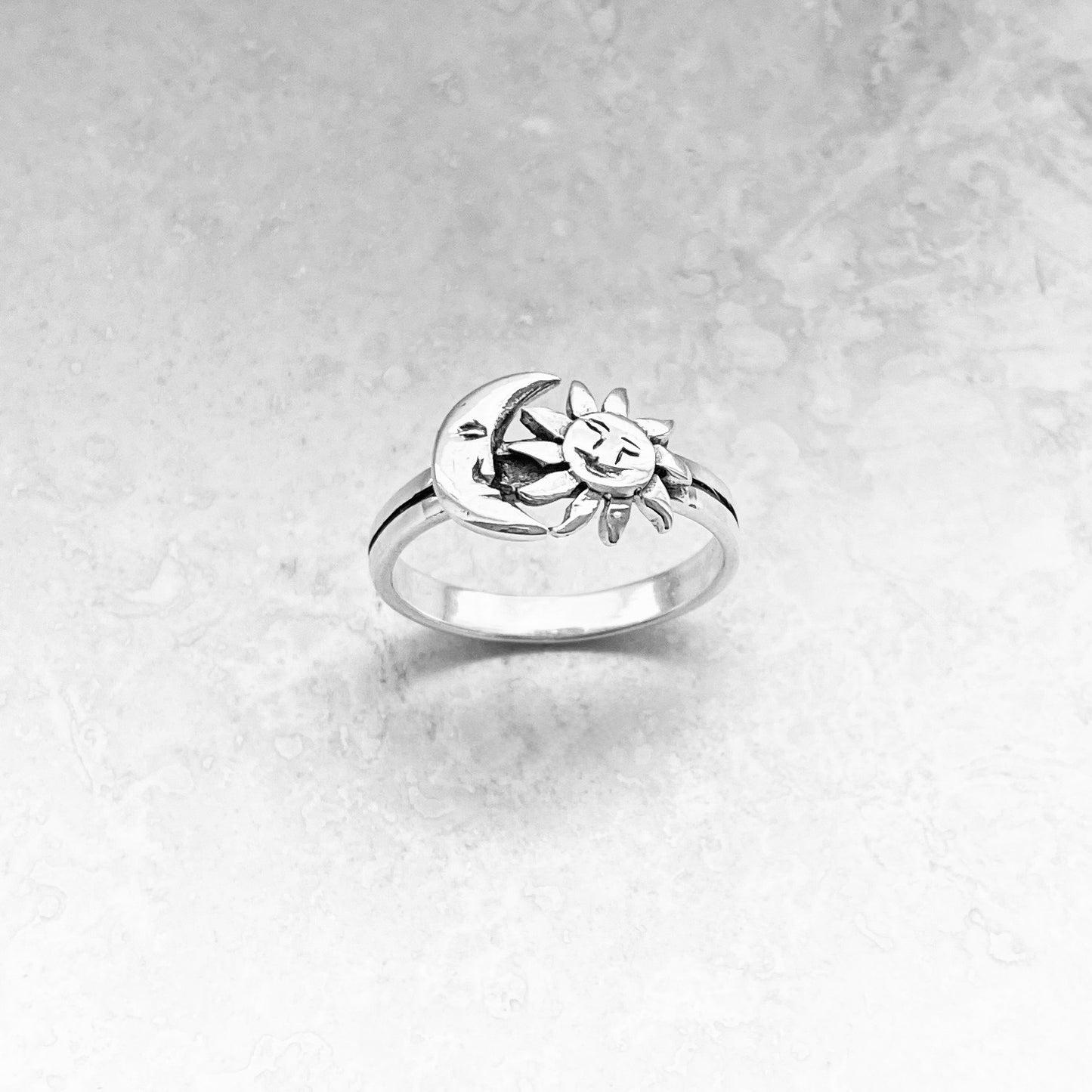 925 Sterling Silver Crescent Moon and Sun Face Ring | Celestial Sunshine Silver Rings
