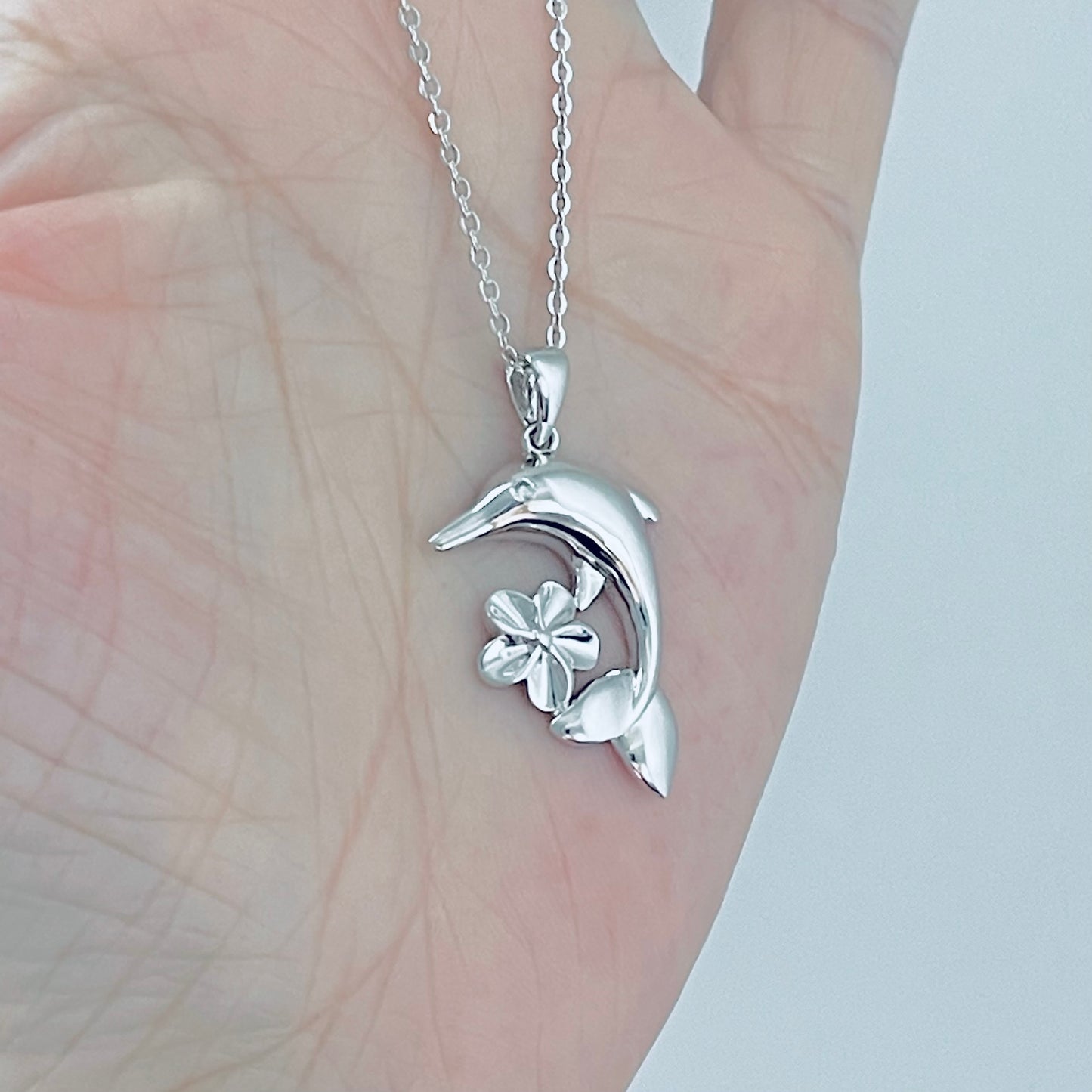 Sterling Silver Plumeria and Dolphin Necklace, Hawaii Flowers, Ocean Fish Jewelry