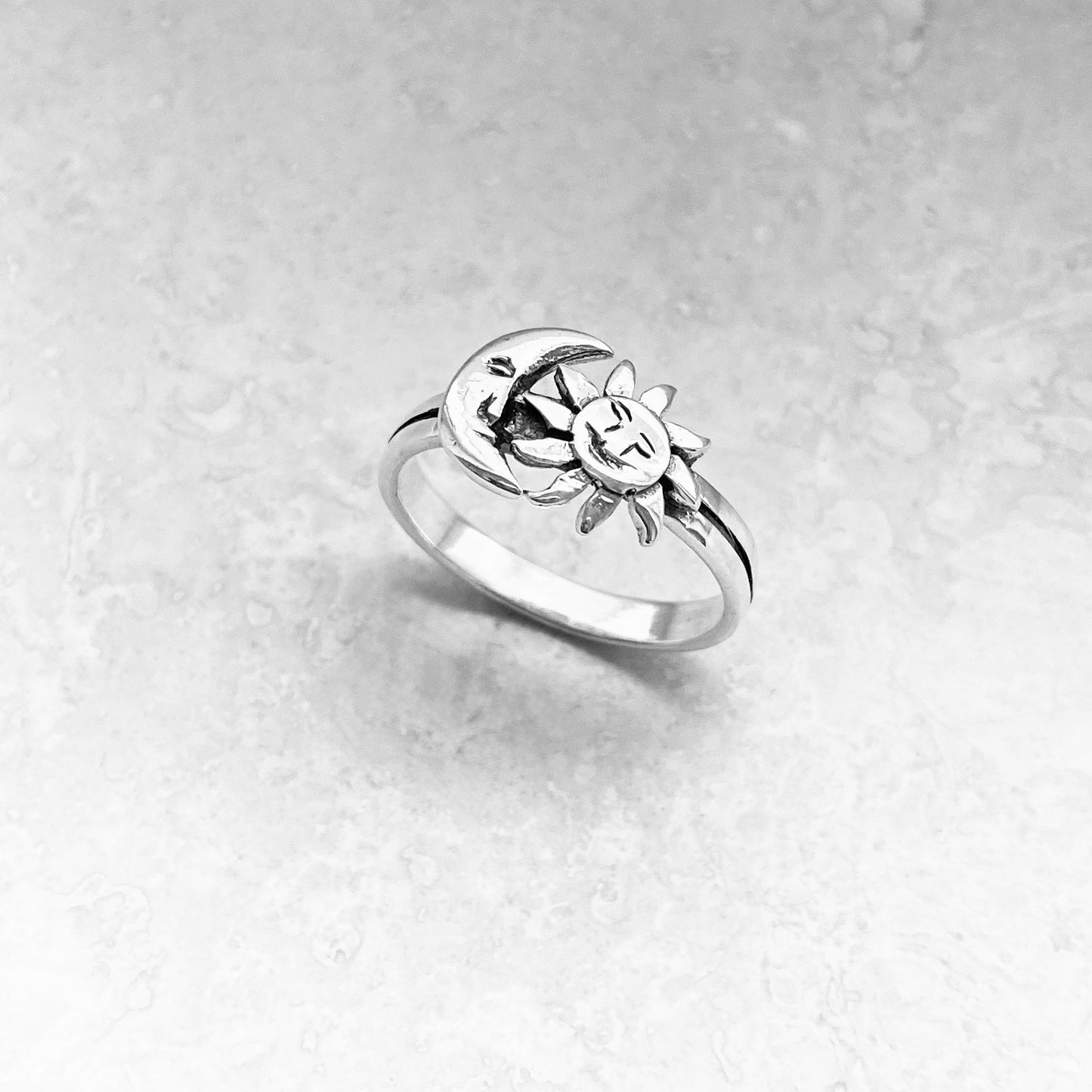 925 Sterling Silver Crescent Moon and Sun Face Ring | Celestial Sunshine Silver Rings
