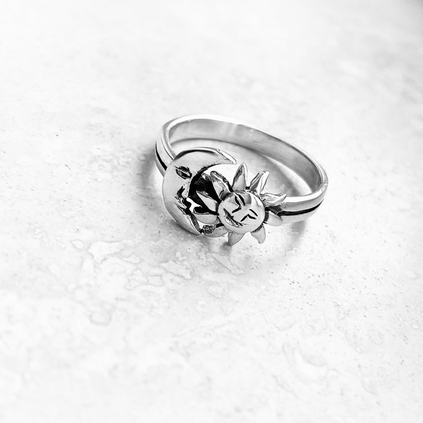 925 Sterling Silver Crescent Moon and Sun Face Ring | Celestial Sunshine Silver Rings