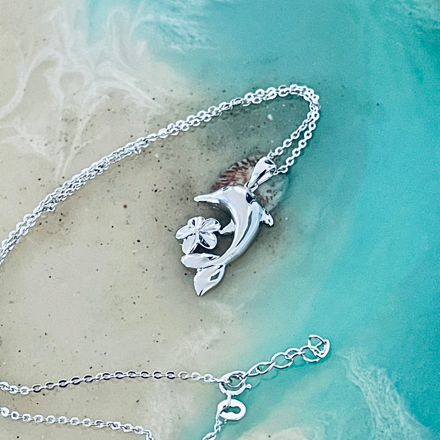 Sterling Silver Plumeria and Dolphin Necklace, Hawaii Flowers, Ocean Fish Jewelry