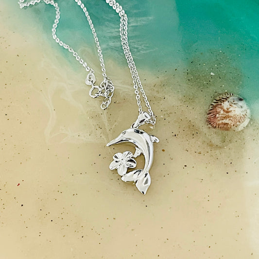 Sterling Silver Plumeria and Dolphin Necklace, Hawaii Flowers, Ocean Fish Jewelry