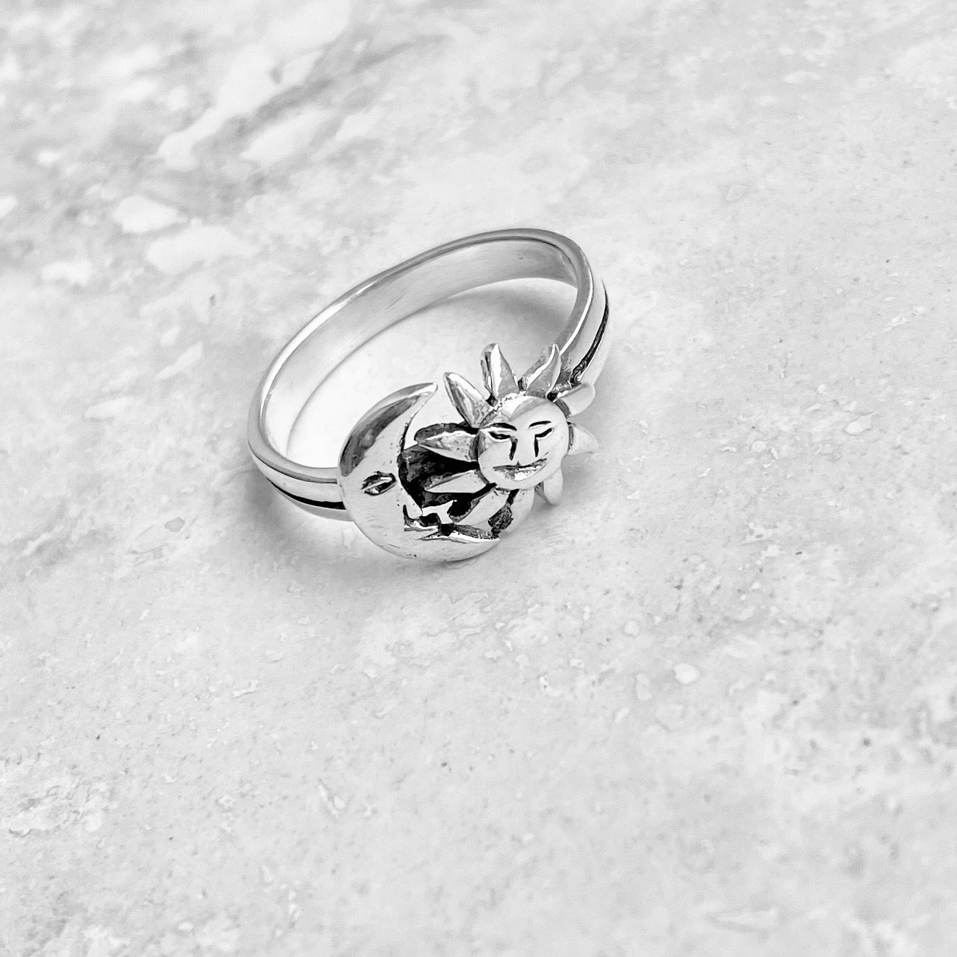 925 Sterling Silver Crescent Moon and Sun Face Ring | Celestial Sunshine Silver Rings