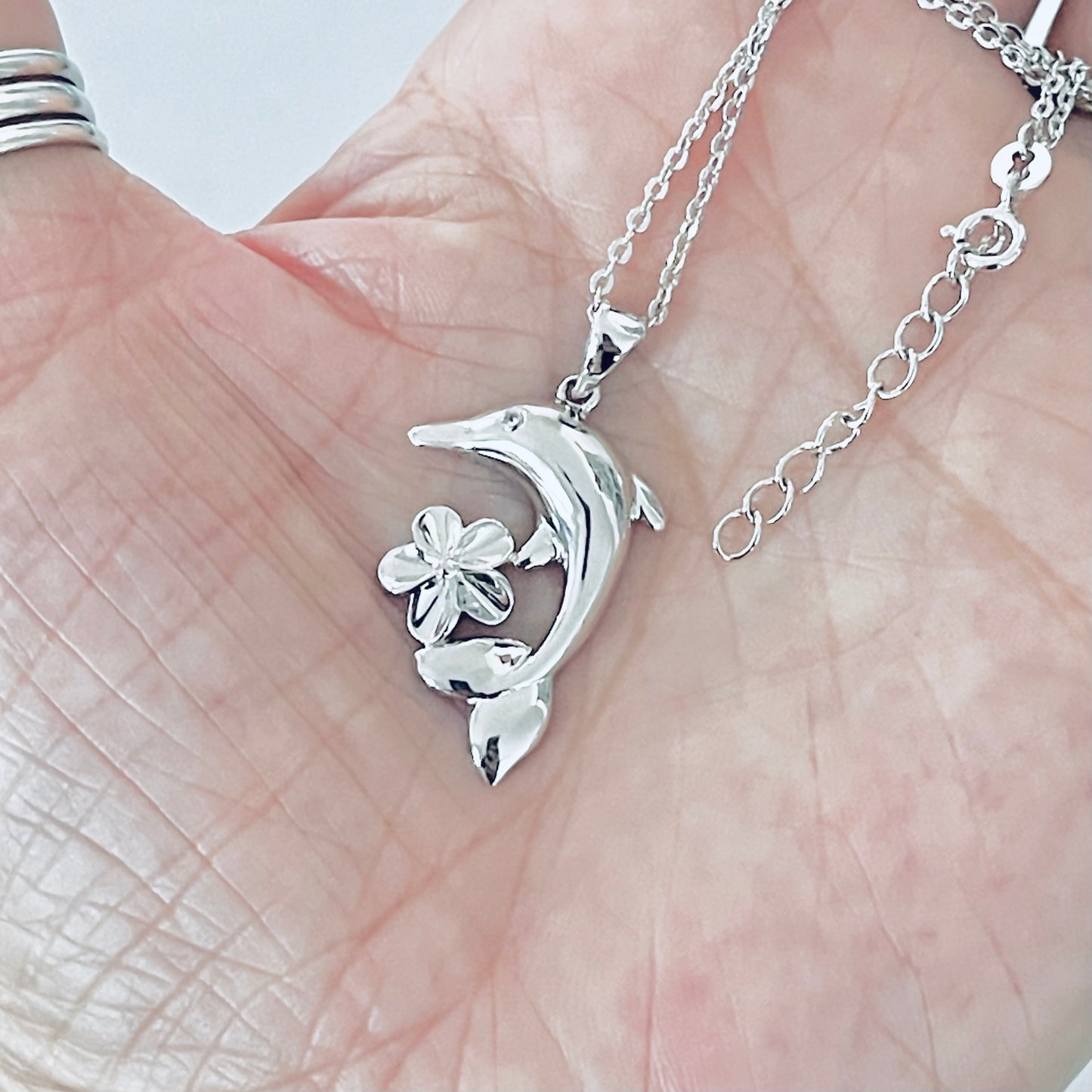 Sterling Silver Plumeria and Dolphin Necklace, Hawaii Flowers, Ocean Fish Jewelry